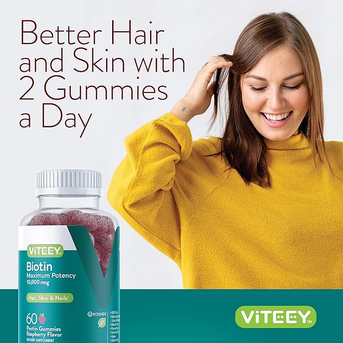 Viteey Biotin Gummies for Hair Skin and Nails - Biotin for Hair Growth Gummies - 10,000 mcg - Vegan, Gluten-Free, Non-GMO – 120 Count