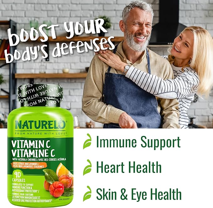 NATURELO Vitamin C with Organic Acerola Cherry Extract and Citrus Bioflavonoids - Vegan Supplement - Immune Support - 500 mg VIT C per Cap - Non-GMO - 90 Capsules