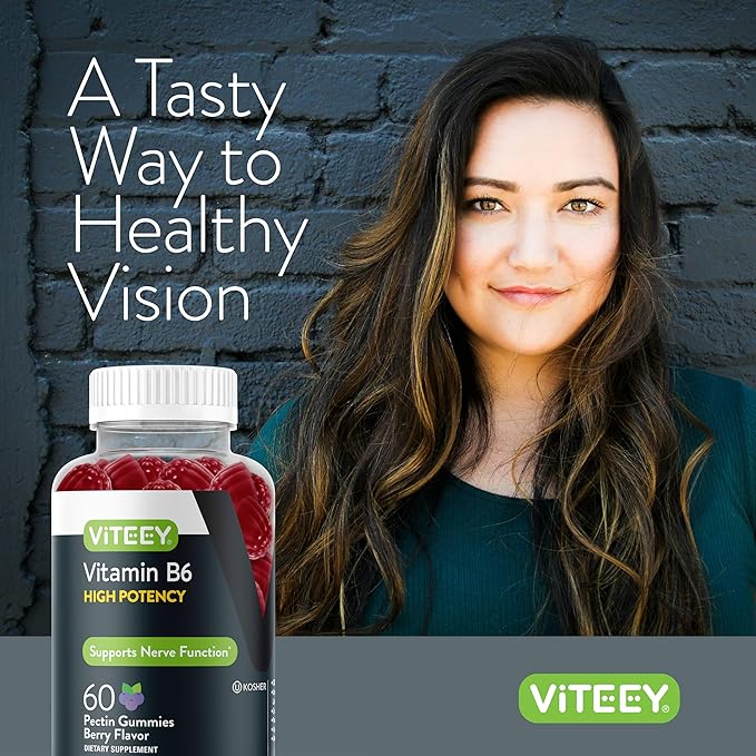 Viteey Vitamin B6 Gummies - Energy, Nerve & Mood Support - B6 Vitamins 100mg - Vegan, Gluten Free, GMO Free - 120 Count
