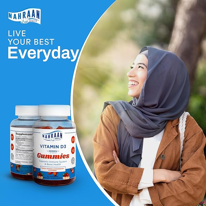 Halal Vitamin D3 2000 IU Gummies – Supports Immune, Bone & Muscle Health, Gelatin-Free, Vegetarian, Natural Fruit Flavor – 90 Count