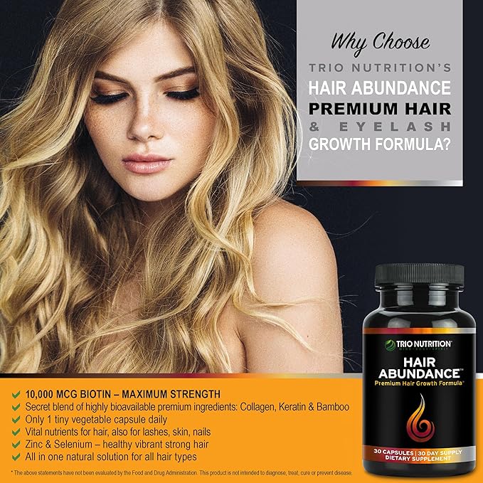 TRIO NUTRITION Hair Abundance | Natural Vitamin Supplement for Hair Growth, Strong Nails and Smooth Skin| Boosted with Collagen, Keratin, Zinc & Selenium | Biotin 10000mcg | 30 Day Supply