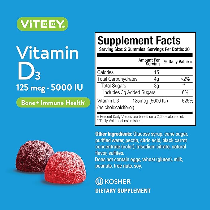 Viteey Vitamin D3 Gummies for Adults & Teens - 5,000 IU, 125mcg, Ultra Strength - Joint & Muscle Health, Immune Boost - Chewable Vitamin D Gummies - Vegetarian, Gelatin Free - Tasty Berry Flavored