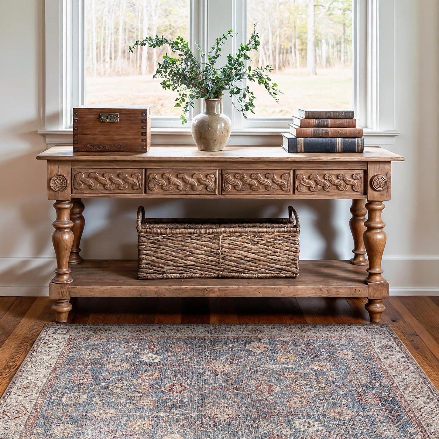 Bloom Rugs Washable Non-Slip 3' x 5' Rug - Beige/Blue Traditional Bordered Area Rug for Living Room, Bedroom, Dining Room, and Kitchen - Exact Size: 3' x 5'