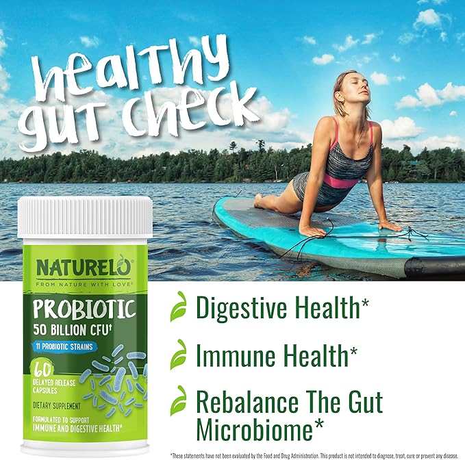 NATURELO Probiotics for Digestive Health - 50 Billion CFU, 11 Strains, Daily Use Supplement - Boosts Immune System, Delayed Release, No-Fridge, 60 Vegetarian Capsules (Pack of 2)
