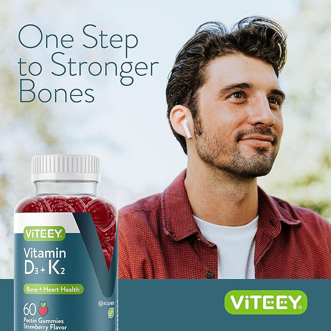 VITEEY Vitamin D3 K2 Gummies - 1000 IU Vitamin D3 and K2 100mcg - Bone & Heart Health for Adults and Teens - Vegetarian, Gelatin Free, GMO Free - Tasty Chewable D3K2 Vitamins Strawberry Flavored Gummy