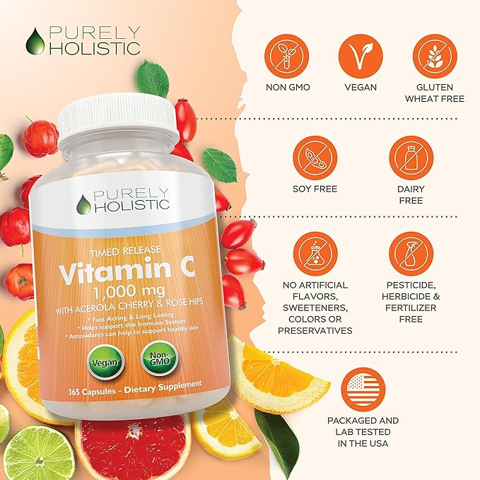 Purely Holistic Vitamin C 1000mg, 365 Capsules, 12 Month Supply, 2 Stage Timed Release with Ascorbic Acid, Rosehip & Acerola Cherry Bioflavonoid, Immune System Support, Vegan
