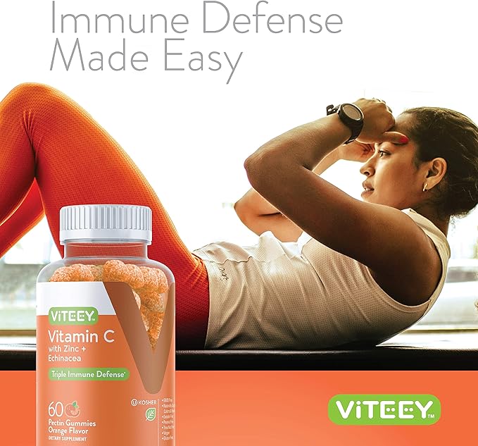 VITEEY Vitamin C Gummies for Adults & Teens with Zinc & Echinacea - Immune Support Gummies - Immune Booster - Vegan, Gelatin Free, Gluten Free, GMO Free - Tasty Vitamin C Chewable Orange Flavored