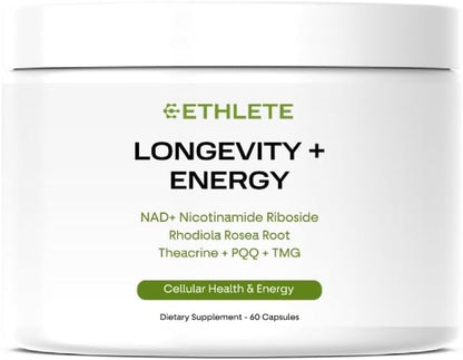 Longevity + Energy - Supplements with Rhodiola Rosea, TMG & Theacrine, Maximize Strength & Recovery, NAD+ Supplement, PQQ for Anti-Aging, 60 Capsules