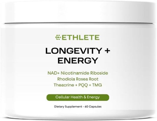 Longevity + Energy - Supplements with Rhodiola Rosea, TMG & Theacrine, Maximize Strength & Recovery, NAD+ Supplement, PQQ for Anti-Aging, 60 Capsules