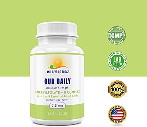 Our Daily Vites L-Methylfolate B Complex Cofactors & Essential Amino Acids (7.5mg) - Active Folate, Methylated B12 Methylcobalamin, B6 and Glycine - 60 Count