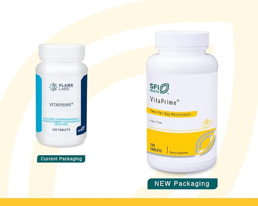 Klaire Labs SFI Health VitaPrime - Iron Free Multivitamin for Women & Men - Promote Immune Function & Support Nutritional Gaps - Two-Per-Day Multivitamin with Methyl Folate & B12 (120 Tablets)
