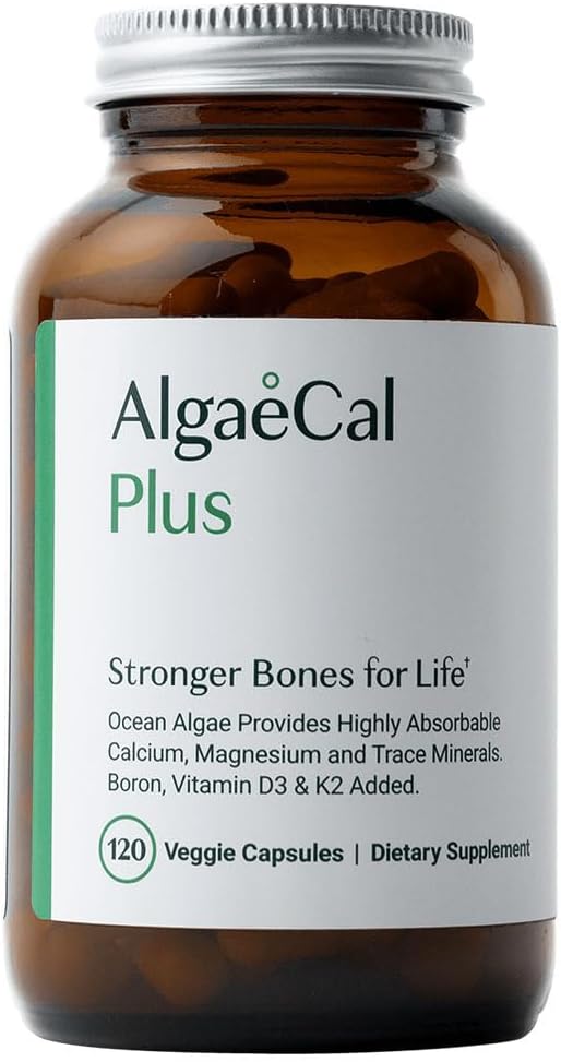 ALGAECAL Organic Red Algae Calcium Supplement for Bone Density, Vitamin K2 MK7 (100mg), Vitamin D3 (1600 IU), Magnesium (350mg) & Trace Minerals & Strength, Easy to Swallow, 120 Veggie Caps