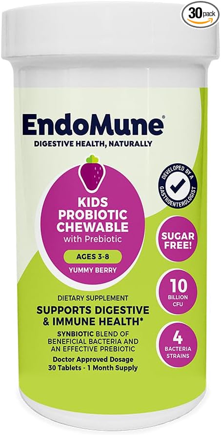 EndoMune Jr Advanced Kids Probiotic and Prebiotic | 10 Billion CFUs | 4 Strains Bacteria and FOS Prebiotic | Physician Formulated | 30 Chewable Tablets