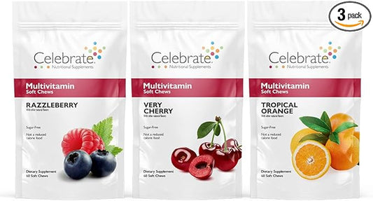 Celebrate Vitamins Bariatric Multivitamin Soft Chews - Essential Vitamins & Minerals, Sugar & Gluten Free - Gastric Bypass & Sleeve Gastrectomy Supplement - Berry/Orange/Cherry (180ct)