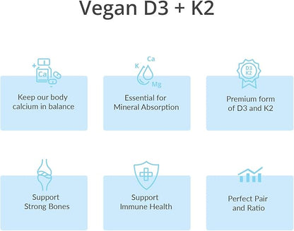 Vitamin D3 K2 with MCT, 5000 IU Vegan D3 & 100 mcg MK7 K2, Support Strong Bones and Immune Health - 30 Capsules (30 Days Supply)