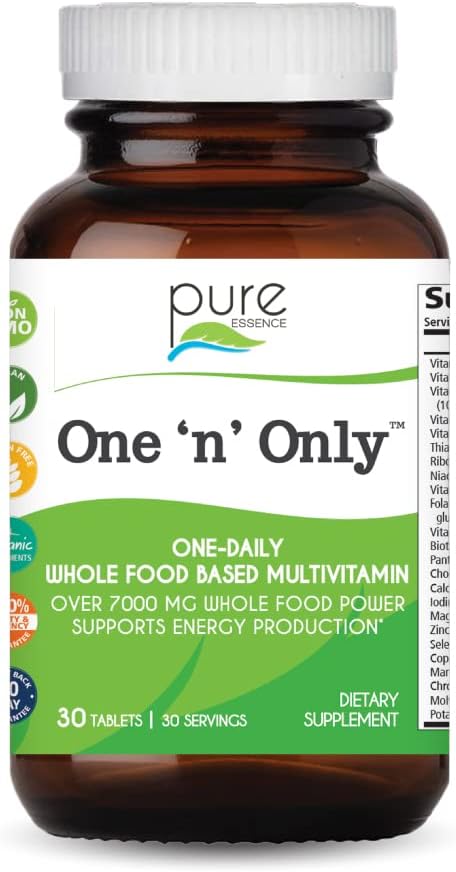One n Only Whole Food Multivitamin by Pure Essence - Super Energetic Once a Day with Superfoods, Minerals, Enzymes, Vitamin D, D3, B12, Biotin - 30 Tablets