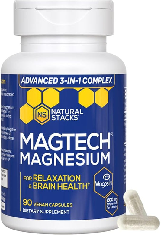 MagTech Magnesium Complex - 3 Forms of Magnesium: Magtein L-Threonate, Glycinate & Taurate - 200mg Chelated Magnesium Supplement - Supports Relaxation & Brain Health - 90 Capsules