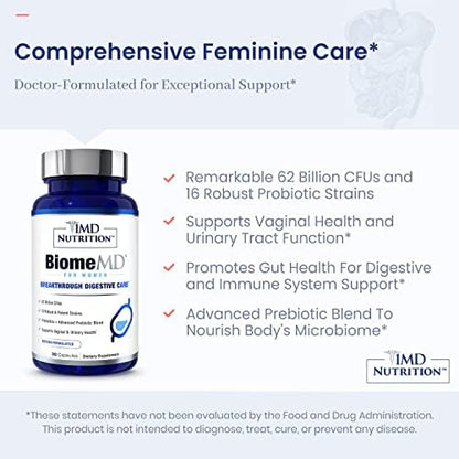 1MD Nutrition BiomeMD Probiotics for Women - Daily Prebiotics and Probiotics for Women - More Than 60 Billion CFUs, 15 Strains - Womens Probiotic to Support Urinary & Vaginal Health - 30 Capsules