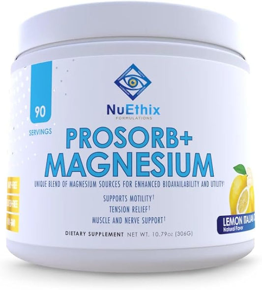 NuEthix Formulations Prosorb+ Magnesium Dietary Supplement, 200mg Magnesium Blend to Support Physical & Mental Wellness, Vitamin C, Dairy-Free, Gluten Free, & Non-GMO, Lemon Italian Ice, 90 Servings