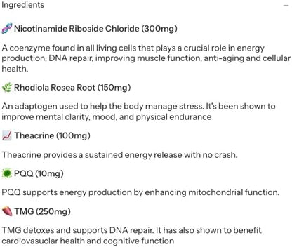 Longevity + Energy - Supplements with Rhodiola Rosea, TMG & Theacrine, Maximize Strength & Recovery, NAD+ Supplement, PQQ for Anti-Aging, 60 Capsules