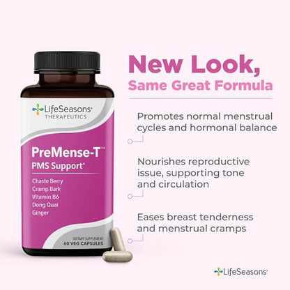 LifeSeasons - PreMense-T - PMS Relief Supplement - Support for Pre-Menstrual Symptoms, Cramping & Breast Tenderness - Nourish Tissue - Ginger Crampbark Dong Quai Chasteberry & Vitamin B6-60 Capsules