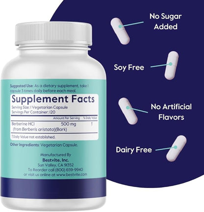Berberine 500mg (240 Vegetarian Capsules) (2-Pack) - No Fillers - No Stearates - No Flow Agents - Vegan - Gluten Free - Non GMO