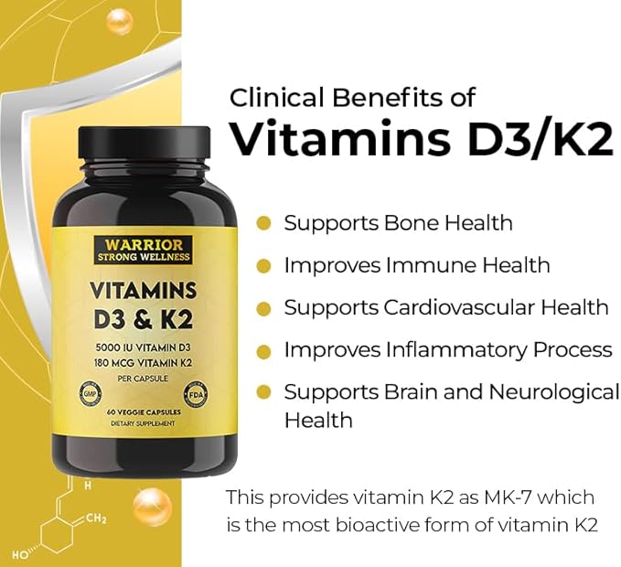 Vitamin D3 and K2 Supplement - 5000IU Vitamin D3 and 180MCG Vitamin K2 Supplement - Immune, Heart Health - 2 Month-Supply, 60 Veggie Capsules