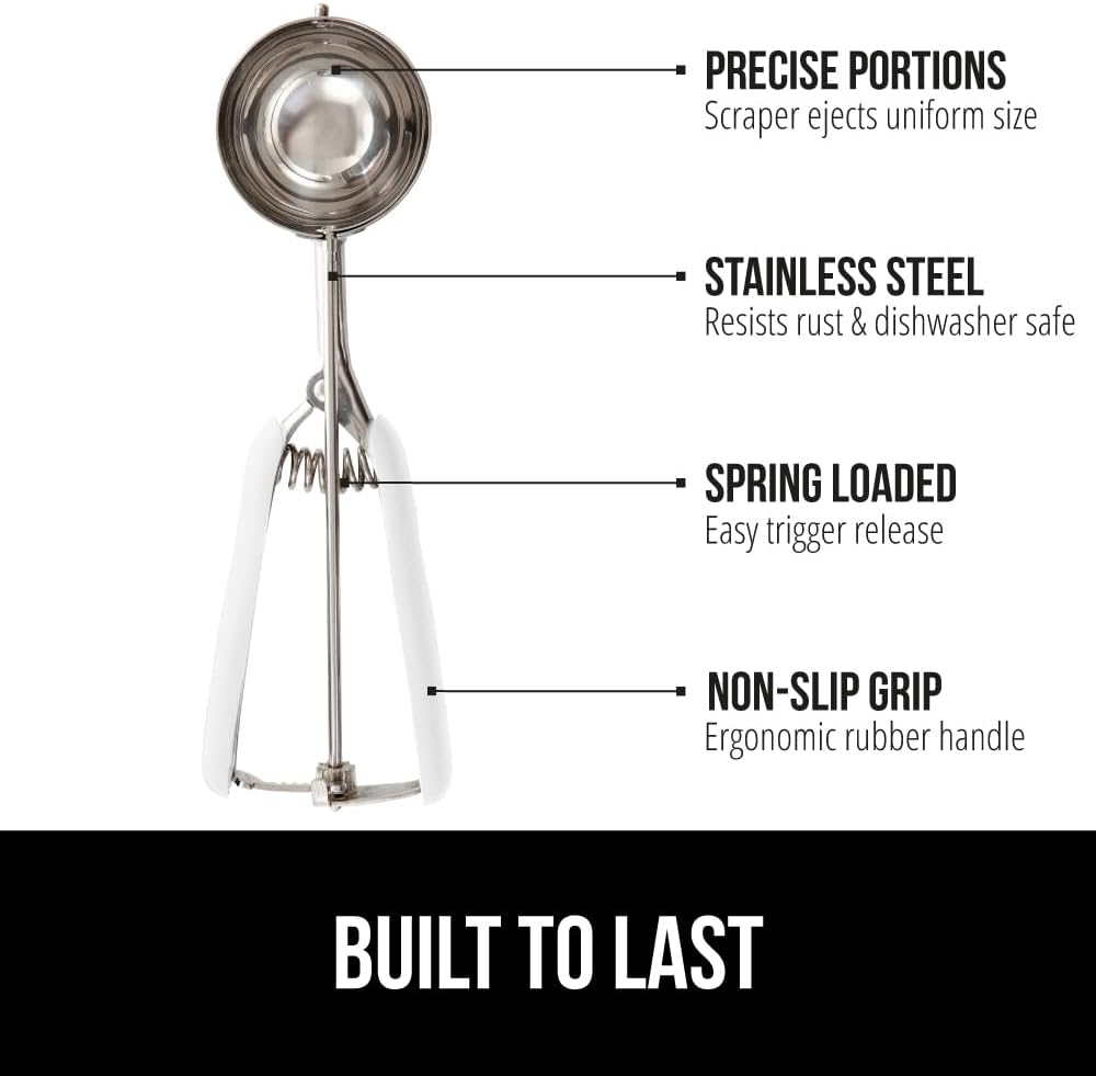 GORILLA GRIP Stainless Steel Multipurpose BPA-Free Spring Scoop, 2 TSP, Melon Ballers, Cookie Dough Scoops, Perfect Portion Sizes, Easy Squeeze and Clean Release, Scooper Size 100, White