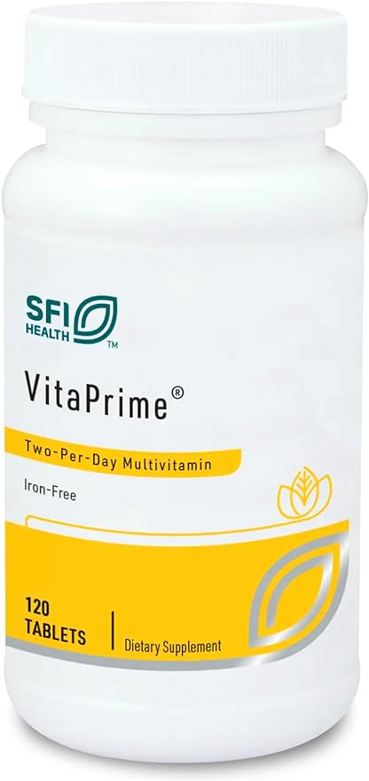 Klaire Labs SFI Health VitaPrime - Iron Free Multivitamin for Women & Men - Promote Immune Function & Support Nutritional Gaps - Two-Per-Day Multivitamin with Methyl Folate & B12 (120 Tablets)