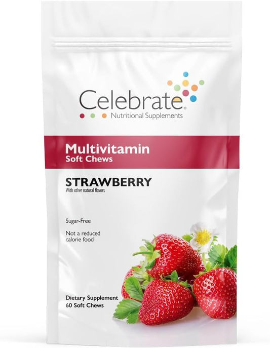 Celebrate Vitamins Bariatric Multivitamin Soft Chews - Essential Vitamins & Minerals, Sugar & Gluten Free - Gastric Bypass & Sleeve Gastrectomy Supplement - Strawberry (60ct)