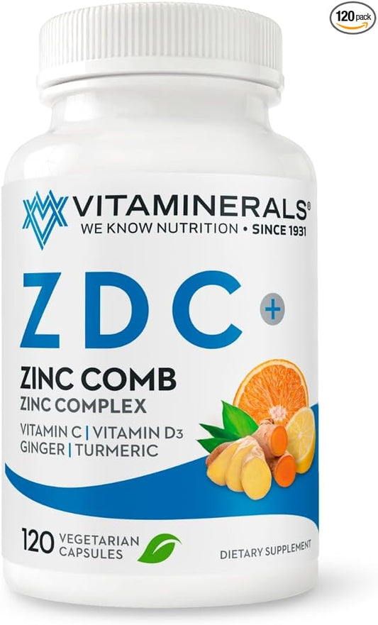 Vitaminerals® Z D C, Zinc Complex 50mg | Vitamin D3 250mcg | Vitamin C 500mg | Ginger | Lysine | Turmeric | Vegetarian Capsules| 120 Servings