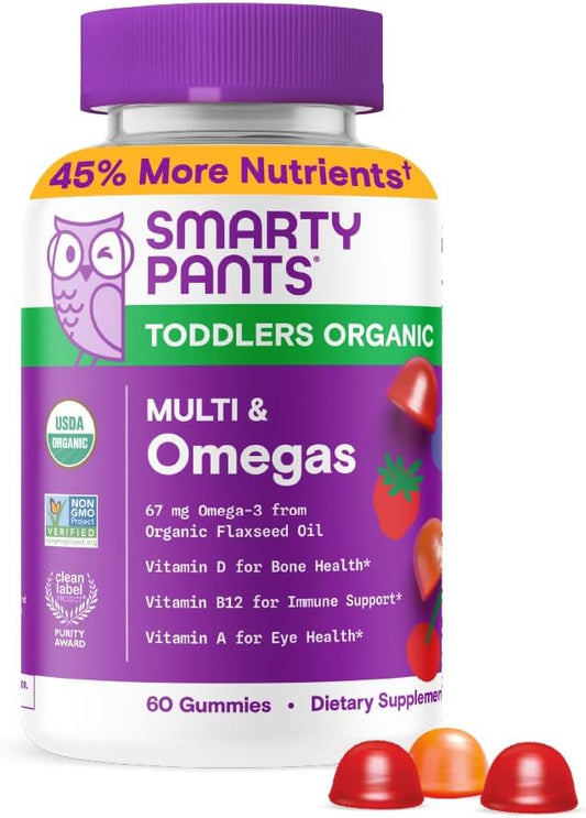 SmartyPants Organic Toddler Multivitamin Gummies: Omega 3 (ALA), Vitamin D3, C, Vitamin B12, B6, A, K & Zinc for Immune Support, Biotin, Vegetarian, Two Fruit Flavors, 60 Count (30 Day Supply)
