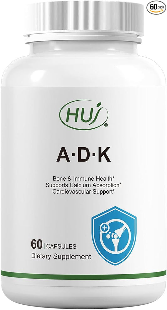 HUJ ADK Supplement, 60 Capsules, Calcium, Vitamins A, D3, K2 (MK-7)