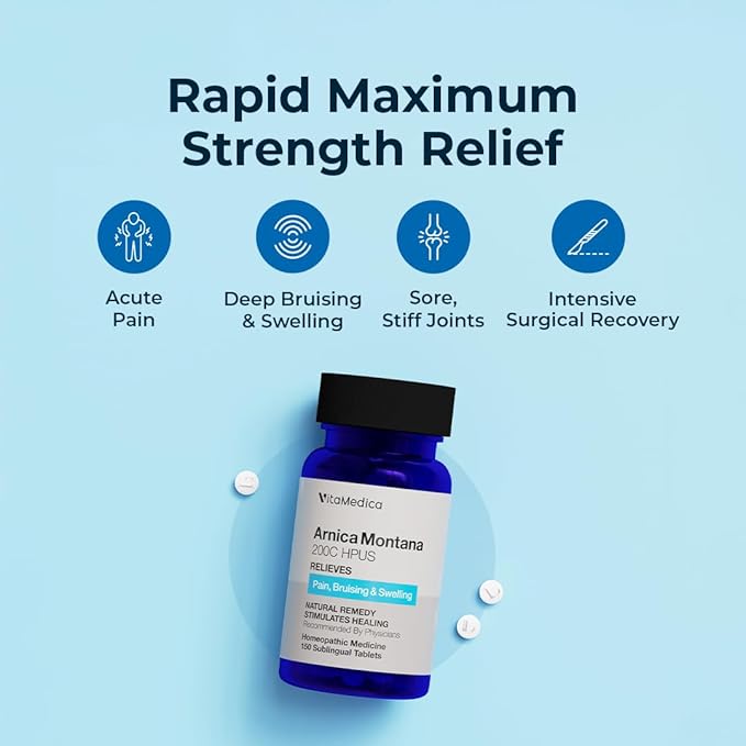VitaMedica Arnica Montana 200C Rapid Dissolve Tablets for Natural Pain, Bruising, and Swelling Support - High Potency Homeopathic Medicine for Injury and Surgery Recovery - 150 Ct - 50 Servings