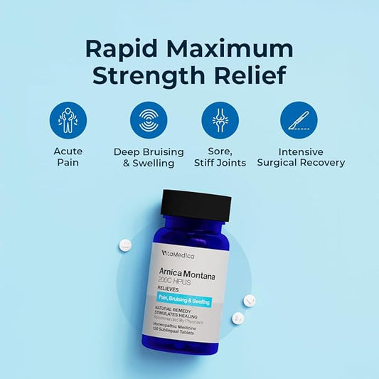 VitaMedica Arnica Montana 200C Rapid Dissolve Tablets for Natural Pain, Bruising, and Swelling Support - High Potency Homeopathic Medicine for Injury and Surgery Recovery - 150 Ct - 50 Servings
