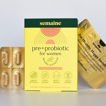 Semaine Super Powered Prebiotic + Probiotic for Women, Effective 3-in-1 Multi-Action Formula to Nourish Gut Health, Soothe IBS, Support Bloat Relief & Immunity Boost, Clinically-Studied (20 ct)