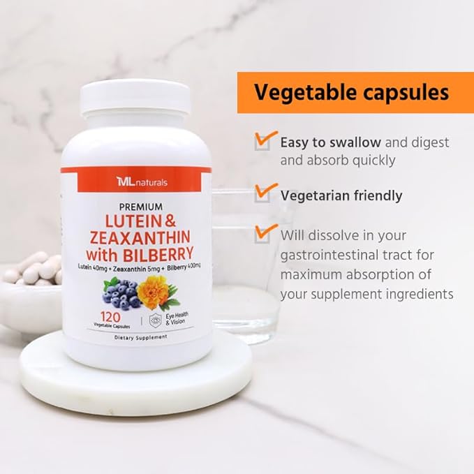 ML Naturals Premium Lutein & Zeaxanthin with Bilberry 60 Vegetable Capsules. Lutein 40 mg, Zeaxanthin 5 mg, and Bilberry 400 mg. Premium Quality. Healthy Eyes & Vision, NSF-Certified & cGMP-Compliant