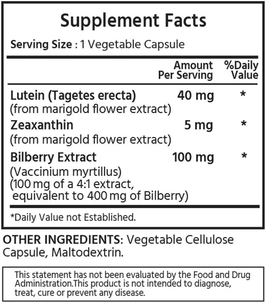 ML Naturals Premium Lutein & Zeaxanthin with Bilberry 120 Vegetable Capsules. Lutein 40 mg, Zeaxanthin 5 mg, and Bilberry 400 mg. Premium Quality. Healthy Eyes & Vision, NSF-Certified & cGMP-Compliant