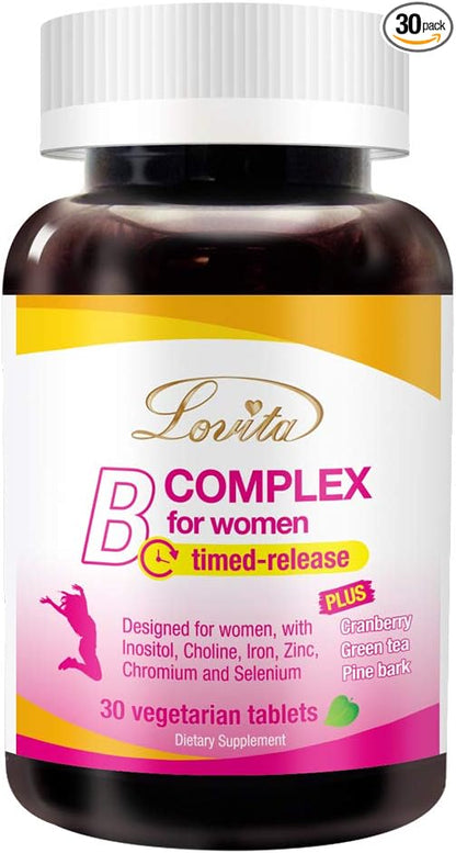 Lovita B Complex Supplement for Women - High Potency Timed Release with Iron, Vitamin C, Cranberry, Pine Bark, Green Tea, 30 Vegetarian Tablets