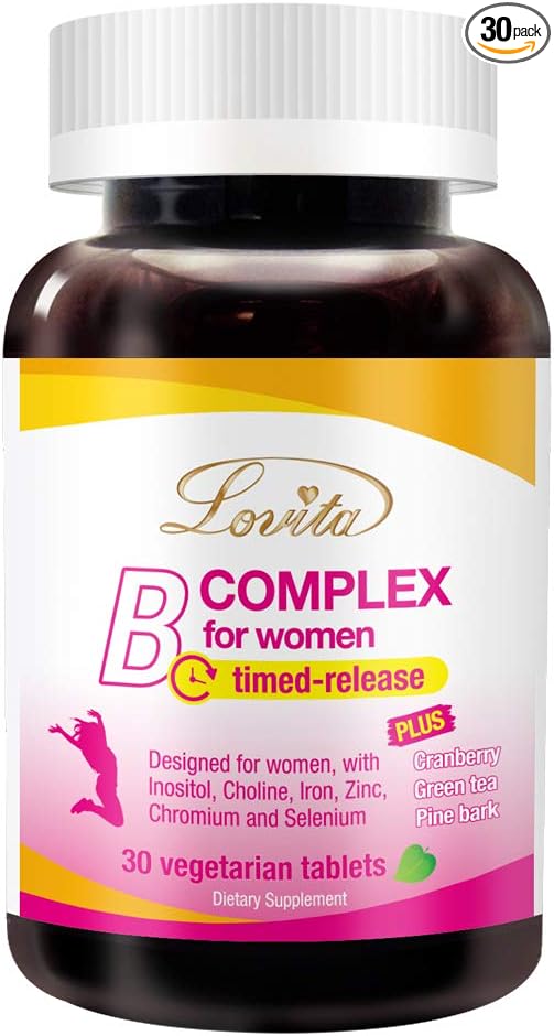 Lovita B Complex Supplement for Women - High Potency Timed Release with Iron, Vitamin C, Cranberry, Pine Bark, Green Tea, 30 Vegetarian Tablets