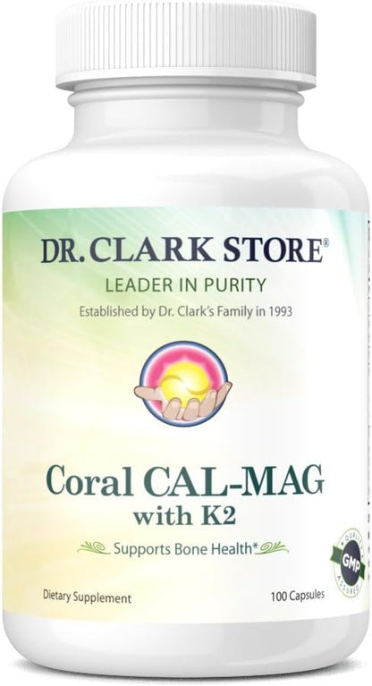 Dr. Clark Store Coral Cal-Mag K2 – 993mg, 100 Gelatin Capsules, Supports Bone Health, pH Balance, 72 Trace Minerals & Vitamin K