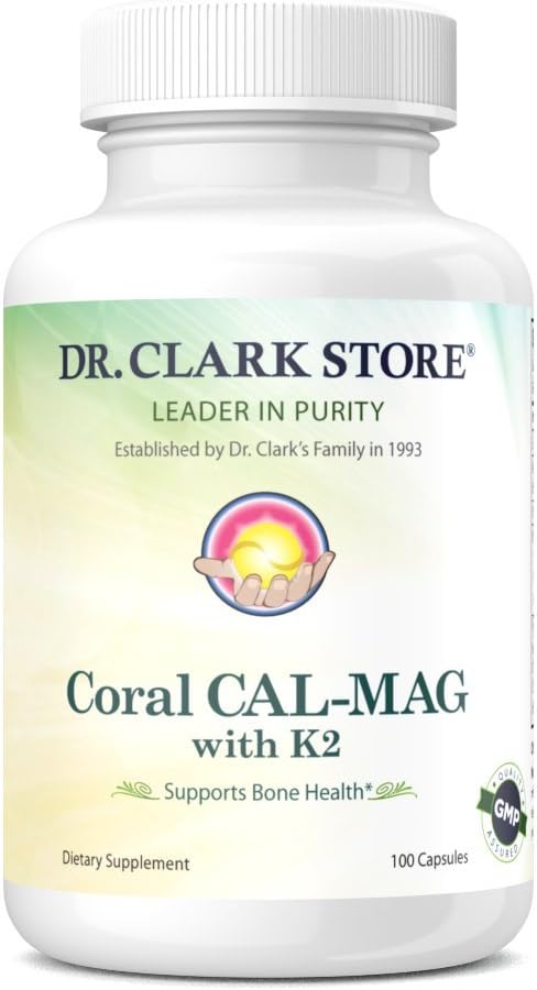 Dr. Clark Store Coral Cal-Mag K2 – 993mg, 100 Gelatin Capsules, Supports Bone Health, pH Balance, 72 Trace Minerals & Vitamin K