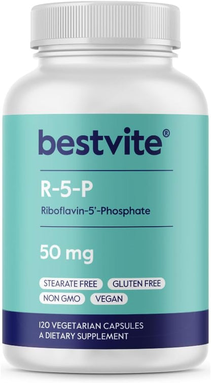 BESTVITE Riboflavin 5'-Phosphate 50mg (120 Vegetarian Capsules) - No Stearates - Vegan - Non GMO - Gluten Free - Bioactive Form of Vitamin B2