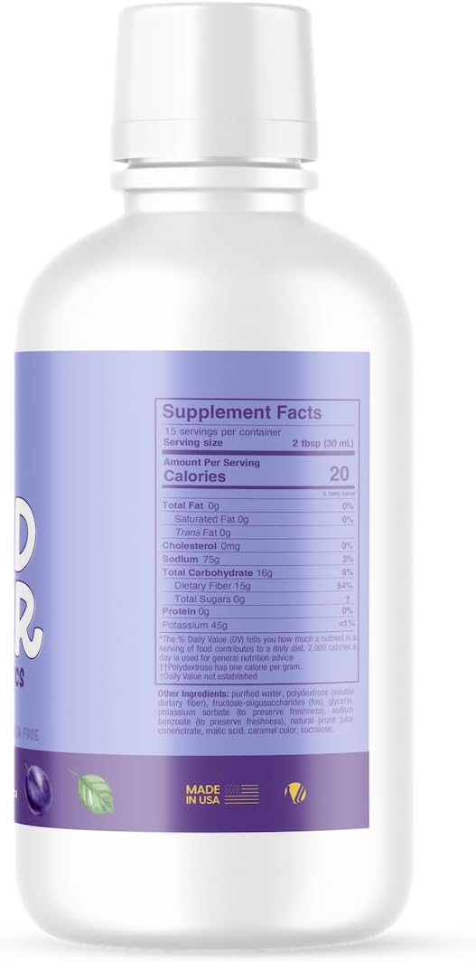 Liquid Fiber 15 Grams Soluble Fiber, No Sugar, Regularity and Soft Stools - Prune Flavor - 30 FL oz