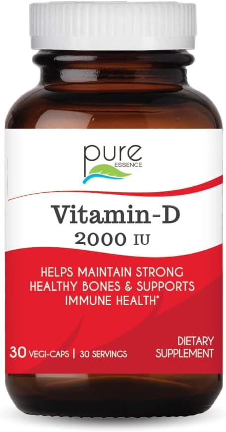 PURE ESSENCE LABS Vitamin D 2000 IU - Best Immune Support for Adults - Organic & Natural Vitamins - Immunity Booster & Dietary Supplements (30 Capsules)