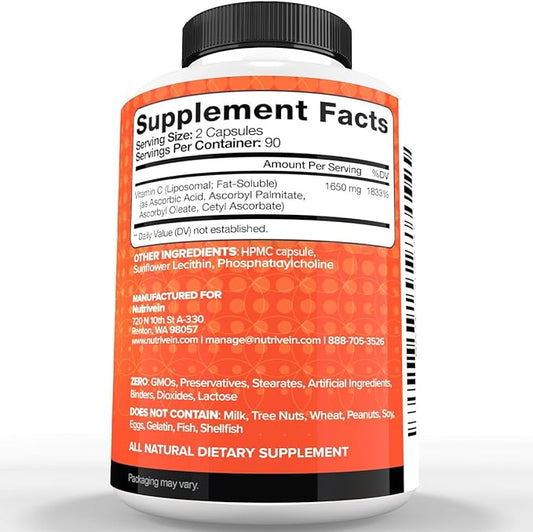 Nutrivein Premium Liposomal Vitamin C Supplement 1650mg - 180 Caps: High-Absorption Vitamin C Capsules for Whole-Body Defenses & Overall Well-Being