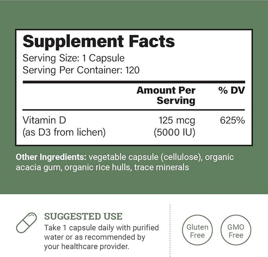 Vegan Vitamin D3 5000 iu Supplement - Pure, High Potency Supplements for Immune Health & Strong Bones Support - Vitamin D 5000 iu - 120 Capsules, 4-Month Supply