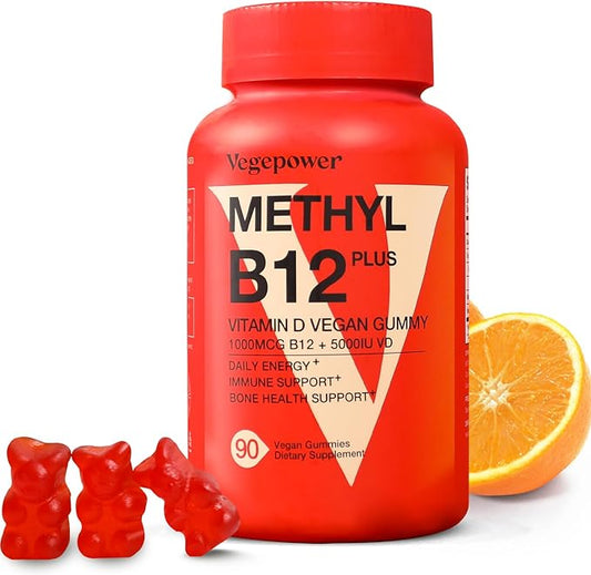 Vegan Vitamin B12 Gummies with Vitamin D - 90 Count I 1000 MCG Methyl B12 & 5000 IU D3 Gummy Chewable Supplements for Adults & Kids - Supports Immune Health & Daily Energy Boost - Non-GMO, Orange