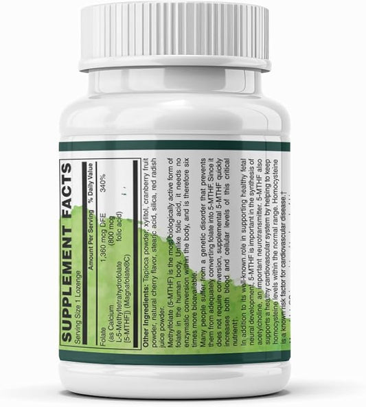 Methylfolate 800 mcg Sublingual Lozenges – Active L-5-MTHF for Homocysteine, Mood, Prenatal & Heart Support | Vegan, Non-GMO, Gluten-Free | 60 Fast-Dissolve Tablets