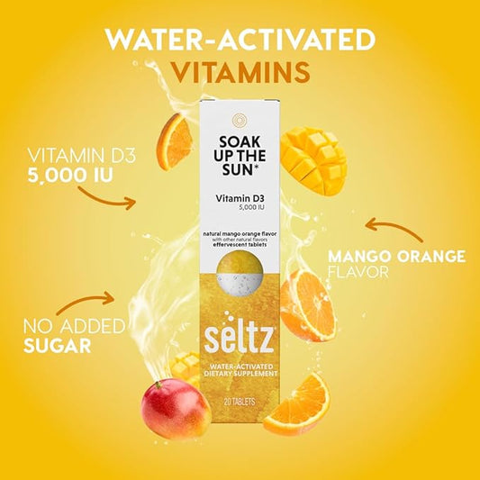 Seltz® Water-Activated Vitamins - Soak up The Sun with Vitamin D3 (5,000 IU) – Natural Mango Orange Flavor Dietary Supplement - 6 Packs x 20 Effervescent Tablets Each